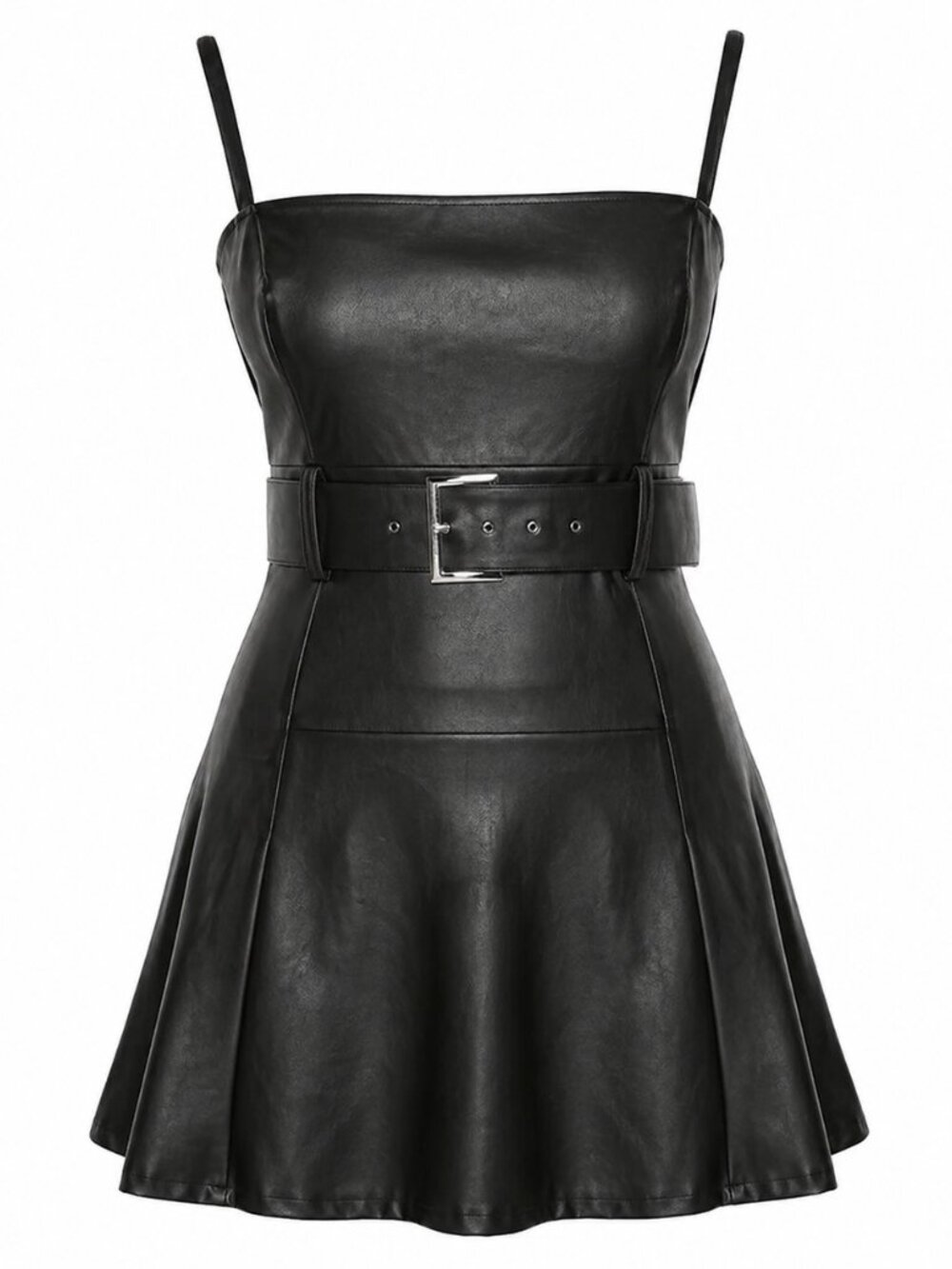 Free people Black Vegan Leather Pleated Mini Dress Belted Spaghetti Strap Chic
